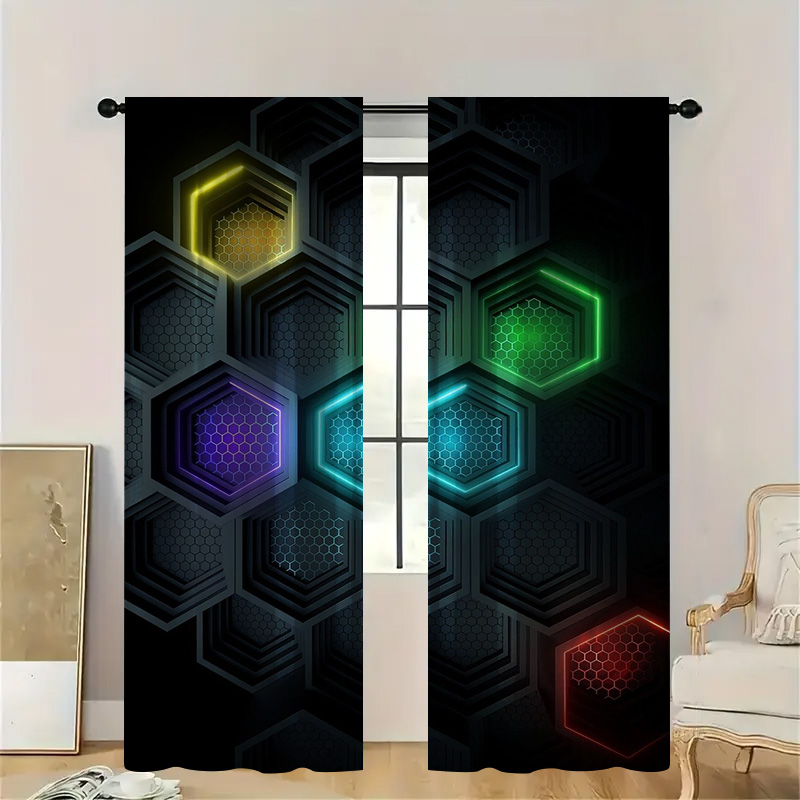 Office Print Tech - 2 adet Modern Geometrik Perde, Çubuk